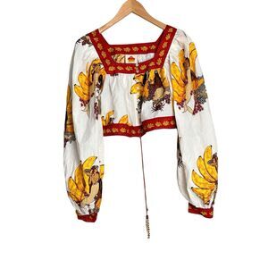 Farm Rio Banana Crop Top Size XS In White Mermaid Banana Tropical Embroidered